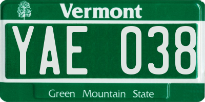 VT license plate YAE038