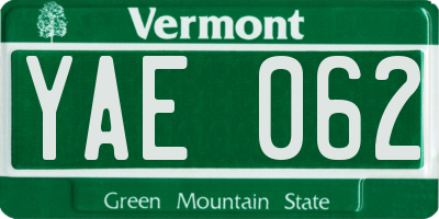 VT license plate YAE062
