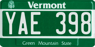 VT license plate YAE398