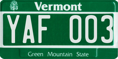 VT license plate YAF003