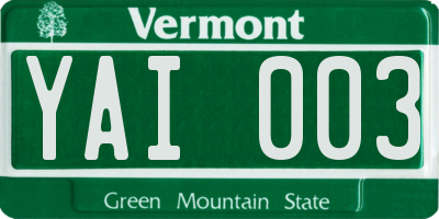 VT license plate YAI003