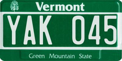 VT license plate YAK045