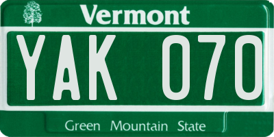 VT license plate YAK070