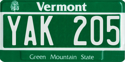 VT license plate YAK205