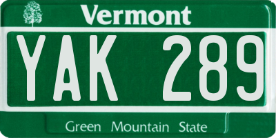 VT license plate YAK289