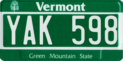 VT license plate YAK598