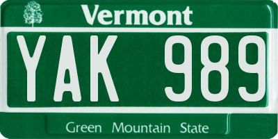 VT license plate YAK989