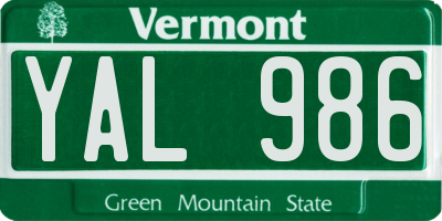 VT license plate YAL986