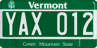 VT license plate YAX012