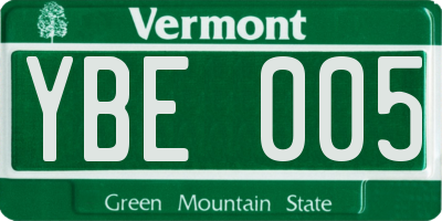 VT license plate YBE005