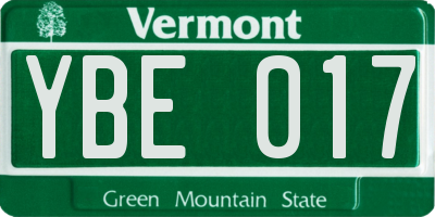 VT license plate YBE017