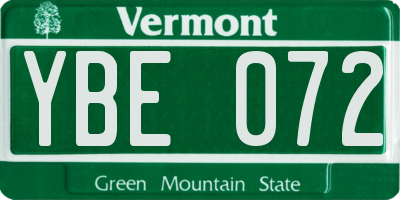 VT license plate YBE072