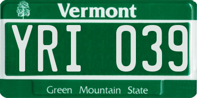 VT license plate YRI039
