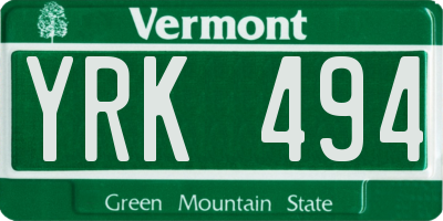 VT license plate YRK494