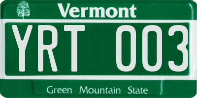 VT license plate YRT003