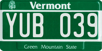 VT license plate YUB039