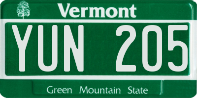VT license plate YUN205