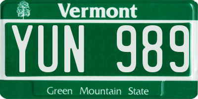 VT license plate YUN989