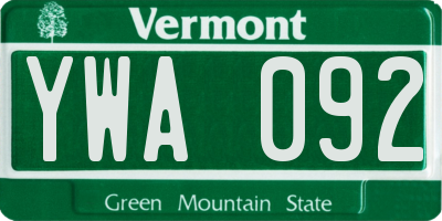 VT license plate YWA092