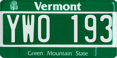 VT license plate YWO193