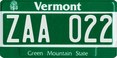 VT license plate ZAA022