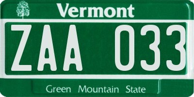 VT license plate ZAA033