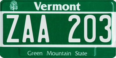 VT license plate ZAA203