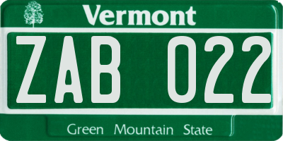 VT license plate ZAB022