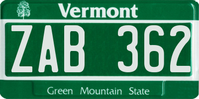VT license plate ZAB362
