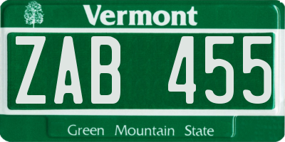 VT license plate ZAB455