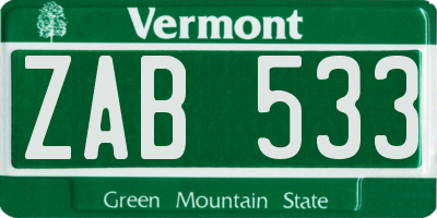 VT license plate ZAB533