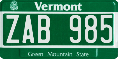 VT license plate ZAB985