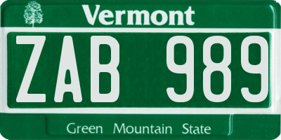 VT license plate ZAB989