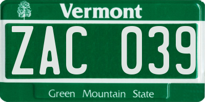 VT license plate ZAC039