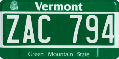 VT license plate ZAC794