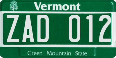 VT license plate ZAD012