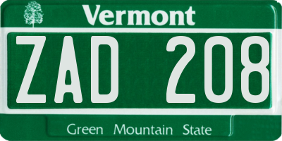 VT license plate ZAD208