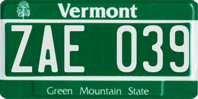 VT license plate ZAE039