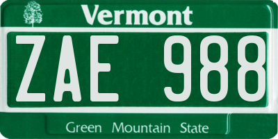 VT license plate ZAE988