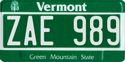 VT license plate ZAE989