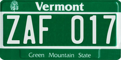 VT license plate ZAF017