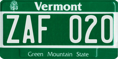 VT license plate ZAF020