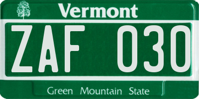 VT license plate ZAF030
