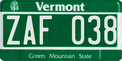 VT license plate ZAF038