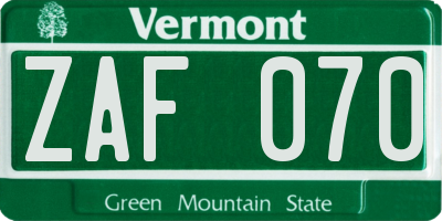 VT license plate ZAF070