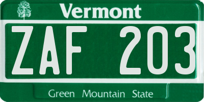 VT license plate ZAF203