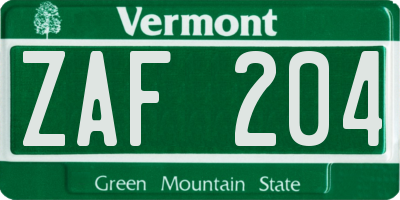 VT license plate ZAF204