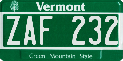 VT license plate ZAF232