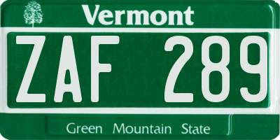 VT license plate ZAF289