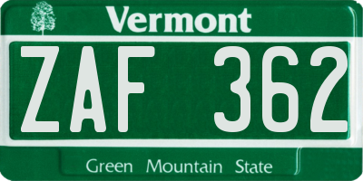VT license plate ZAF362